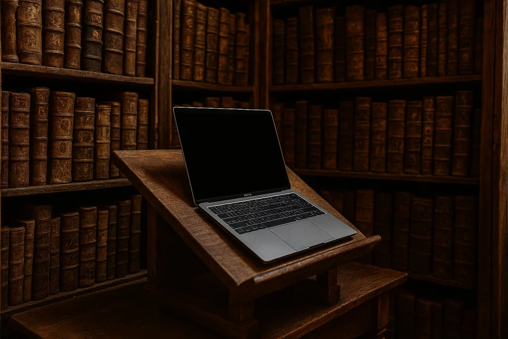 Mittelalterliches Skriptorium mit Notebook auf einem Schreibpult