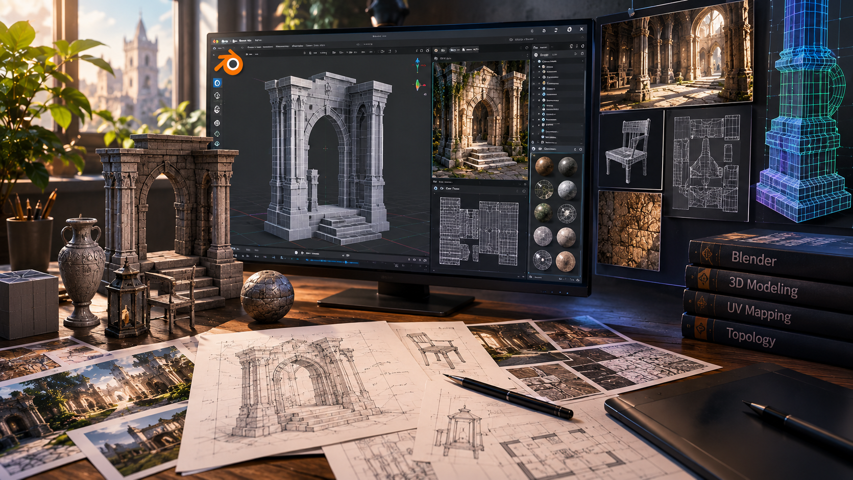 Blender-3D-Künstlerarbeitsplatz mit Ruinenarchitektur