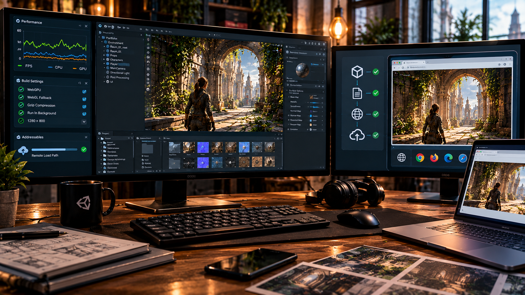 Spielentwicklungs-Workspace mit Web-Build-Dashboard